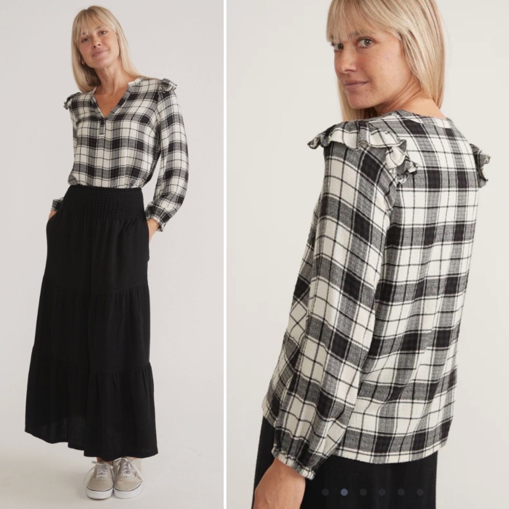 marine layer | jamie ruffle sleeve top plaid black white metallic m